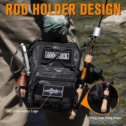 Small Fishing Backpack, Waterproof Fly Fishing Sling Pack Tackle Bag with Tackle Boxes - color: C-Size:17.7*8.5*5.7in-Black(NO TACKLE BOX)