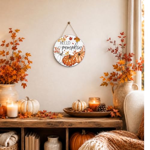 Smile Fall Thanksgiving Halloween Wooden Door Hanger, Hello Pumpkin Maple Leaf Rustic Wood Door Sign for Farmhouse Home Porch Autumn Holiday Party Decorations - style: Hello Pumpkin