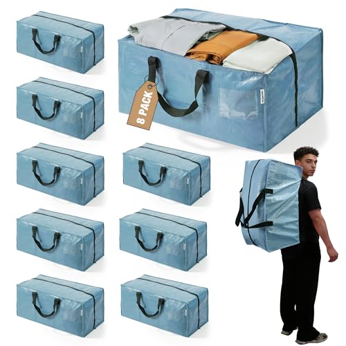 WORKPRO 8 Pack Extra Large Moving Bags with Backpack Straps & Handles | Heavy Duty Moving Storage Bags, Dusty Blue, Double Zippers for Moving, Dorm, Closet Storage & Travel - color: Dusty Blue, size: 8 Pack