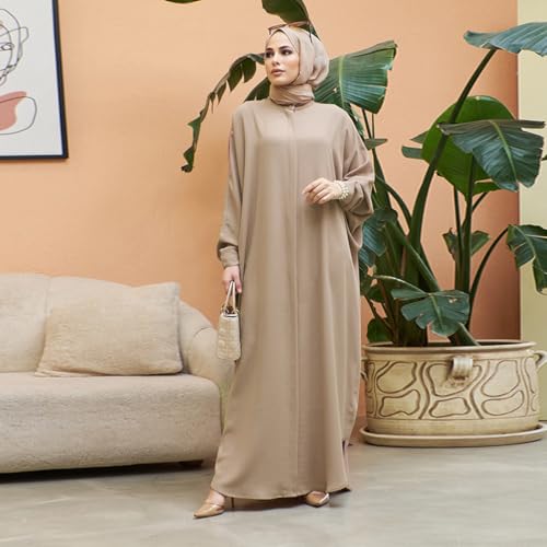 IBTOM CASTLE Womens Muslim Dress Ramadan Abaya Batwing Sleeve Henley Shirt Prayer Dress Kaftan Dubai Islamic Loose Maxi Dress - color: Khaki