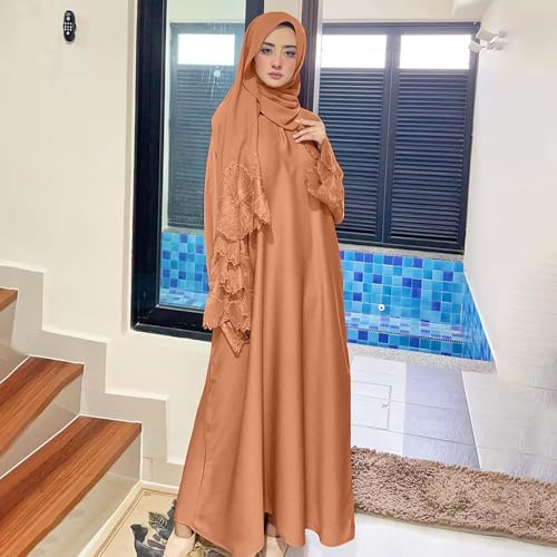 Prayer Clothes for Muslim Women Long Sleeve One-Piece Islamic Prayer Dress O Neck Slim Fit Islamic Evening Gown - color: Beige, size: Small