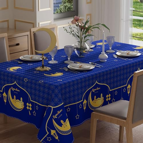 XCHI Blue Golden Castle Lantern Stars and Moons Ramadan Kareem Tablecloth Rectangle Table Cloth Table Covers for Indoor Dining Home Party Decorations 60x84 Inch
