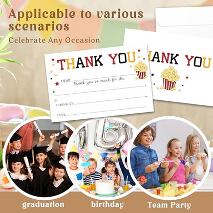 Kids Thank You Cards with Envelopes, Movie Night Theme Fill in the Blank Thank You Notes for Kids, Toddler Stationery Set, Ideal for Birthday Party, Graduation & School Gag Gifts - B10 - color: Movie Night Style