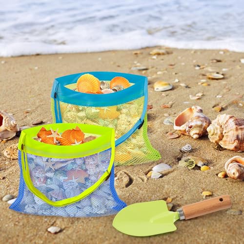 Beach Sand Sifter Set – 2 Retractable Sand Screens, Metal Shovel & 2 Seashell Mesh Bags, Adjustable Handle Scoop Tool for Beachcombing Collecting Shells Shark Teeth Treasure Hunting