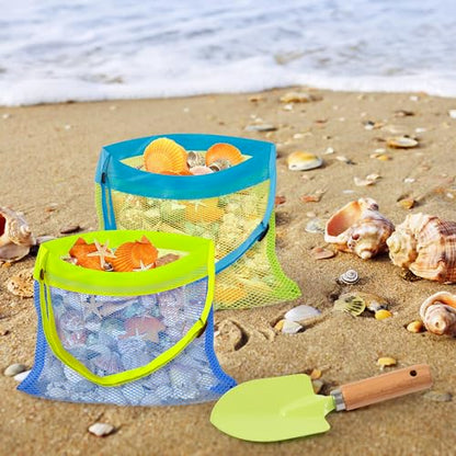 Beach Sand Sifter Set – 2 Retractable Sand Screens, Metal Shovel & 2 Seashell Mesh Bags, Adjustable Handle Scoop Tool for Beachcombing Collecting Shells Shark Teeth Treasure Hunting