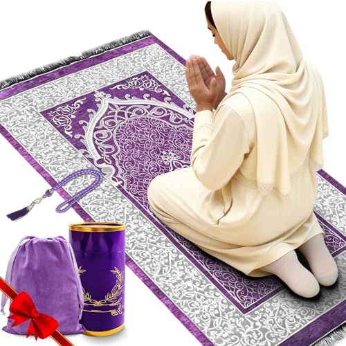 Portable Muslim Prayer Rug and Beads with Gift Box, Soft Islamic Prayer Mat,Travel Praying Mat for Men and Women, Prayer matt Islam Gifts Set, Sajadah/Janamaz/Seccade/سجادة صلاةx (Purple) - color: Purple