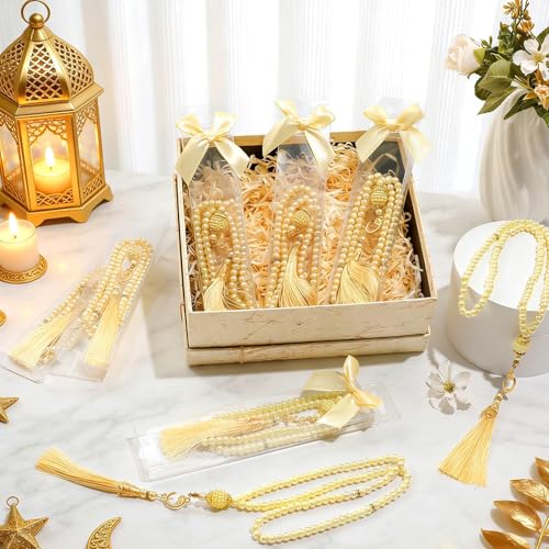 24 Sets Muslim Prayer Beads Gifts Bulk Islamic Eid Party Favors with Bows Box 99 Beads Islamic Prayer Tasbih Rosary Jewelry Moslem Misbaha Tasbeeh Bracelet for Ramadan Hajj Religious Wedding(Yellow)