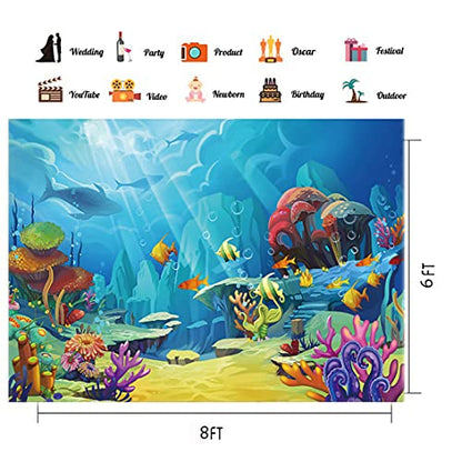 CHAIYA Under The Sea Backdrop Ocean Little Mermaid Backdrop Background for Under The Sea Theme Baby Shower Photo Booth Banner Party Cake Table Decoration 8x6ft - size: 8′x6′