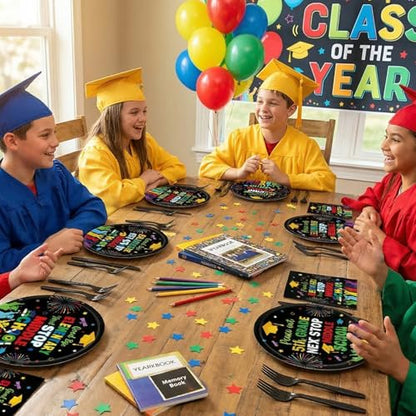 EUOYUFO 96Pcs 5th Grade Graduation Paper Plates Napkins Forks Peace Out Fifth Grade Party Tableware Next Stop Middle School Theme Graduate Class of 2026 Supplies Serve 24 Guests - color: 5th Grade