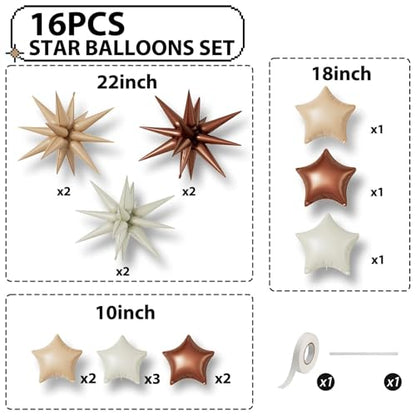 Cream Caramel Brown Star Balloons,16Pcs 22/18/10 Inch Foil Neutral Decor - color: Cream Caramel Brown