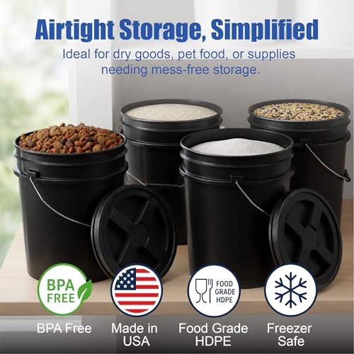 5 Gallon Bucket - Food Grade Bucket BPA-Free, Black, 6 Packs | Metal Handle Grip, Heavy-Duty 90 Mil HDPE Plastic Pail, Food Safe Stackable Utility Container, Lid Not Included, Made in USA - color: Black, size: 6 Packs