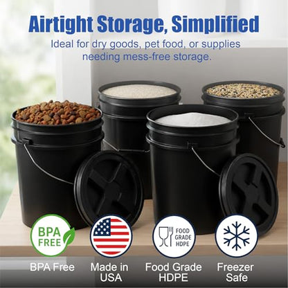 5 Gallon Bucket - Food Grade Bucket BPA-Free, Black, 6 Packs | Metal Handle Grip, Heavy-Duty 90 Mil HDPE Plastic Pail, Food Safe Stackable Utility Container, Lid Not Included, Made in USA - color: Black, size: 6 Packs