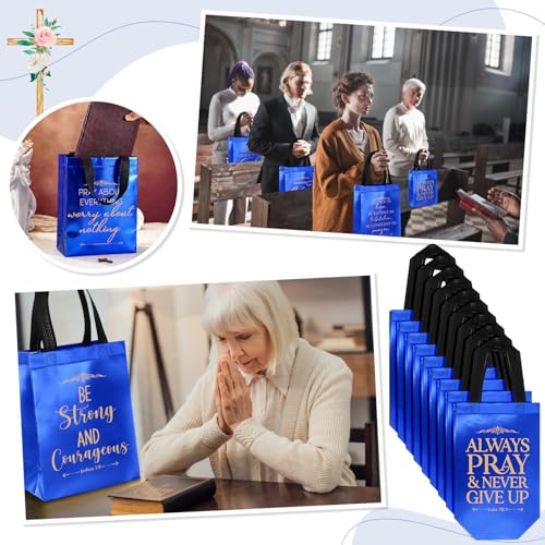 Aliceset 64 Pcs Christian Gift Bags Bulk with Handles for Church Favors Reusable Medium Bible Verse Religious Gift Bags Non Woven Welcome Totes for Baptism Vacation Bible School Gifts (Blue) - color: Blue