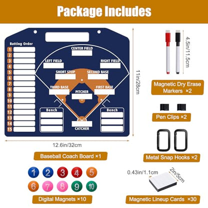 Magnetic Baseball Coach Clipboard, Anglecai Double-Sided Dry Erase Baseball Lineup Board for Softball Dugout Board Baseball Coaching Board with 30 Lineup Card/ 10 Magnet/2 Marker/2 Hook (Blue) - color: Blue