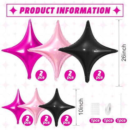 Hot Pink Black Star Balloons,12Pcs Four Angle Star Foil Balloons - color: Black Rose Red