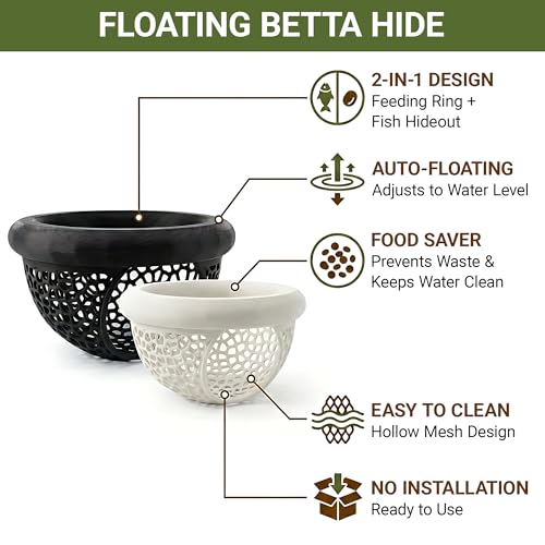 Floating Feeding Ring 2 Pack Cost Effective Combo Fry Hideout Set | Mesh plastic tank ornaments fit nano shrimp habitat to stop food waste. Black 3.93x2.21" & white 2.75x1.57" cave
