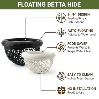 Floating Feeding Ring 2 Pack Cost Effective Combo Fry Hideout Set | Mesh plastic tank ornaments fit nano shrimp habitat to stop food waste. Black 3.93x2.21" & white 2.75x1.57" cave