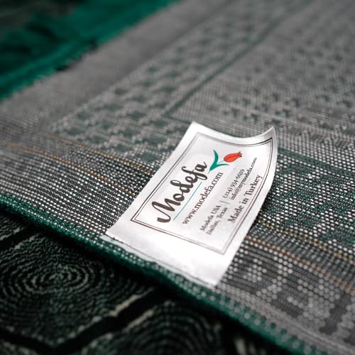 Modefa Turkish Islamic Velvet Prayer Rug - Thick & Wide Soft Carpet for Men & Women - Double Plush Large Janamaz - Eid & Ramadan Gift - with Kufi, Beads & Car Hanger - Geometric Noor (Green) - color: Green