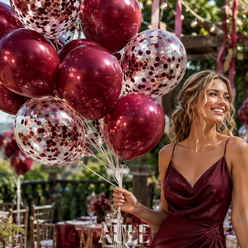 AULE Party Balloons Pack of 42 - Metallic Burgundy Balloons and Confetti Latex Helium Balloons With 64ft Ribbons - 12 Inch Mroon Chrome Balloon Decoration Set - color: Burgundy