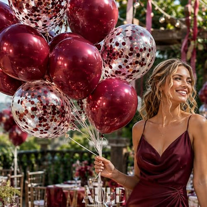 AULE Party Balloons Pack of 42 - Metallic Burgundy Balloons and Confetti Latex Helium Balloons With 64ft Ribbons - 12 Inch Mroon Chrome Balloon Decoration Set - color: Burgundy