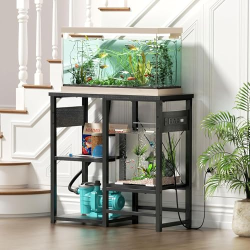 GRLEAF 5-10 Gallon Fish Tank Stand with Power Outlets, 4 Tier Metal Aquarium Stand with Wood Storage Shelves, 20.3" L x 10.6" W x 30.3" H Turtle Reptile Fish Tank Table Aquarium Table - Black - size: 5-10 Gallon