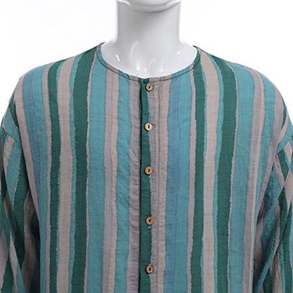 IDOPIP Men's Muslim Thobe Long Sleeve Striped Robe Gown Arab Islamic Kaftan Abayas Dress Middle East Dubai Ramadan Clothing - color: Green, size: Large