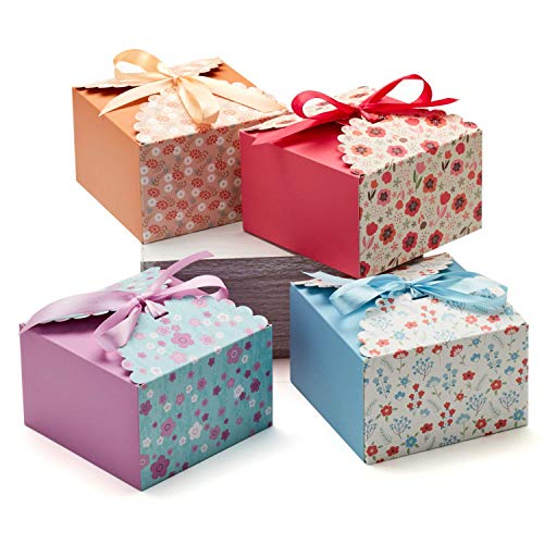 Small Floral Gift Boxes with Lids & Ribbons (20 Pack) 5.8” x 3.7” Empty Decorative Treat Boxes for Gift Giving, Baked Goods, Square Cookie Tins, Mithai Indian Sweets, Candy, Diwali, Bulk, Return, Cute - color: Standard