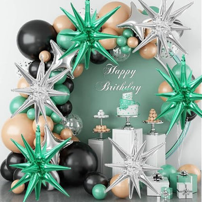 6 Pcs Silver Star Foil Balloons One-Piece 14-Pointed Star Balloon 4D Starburst Cone Mylar Balloon 22inch Christmas Birthday Wedding Wedding Anniversary Party Supplies (Silver + Green) - color: 22 Inches Silver + Green