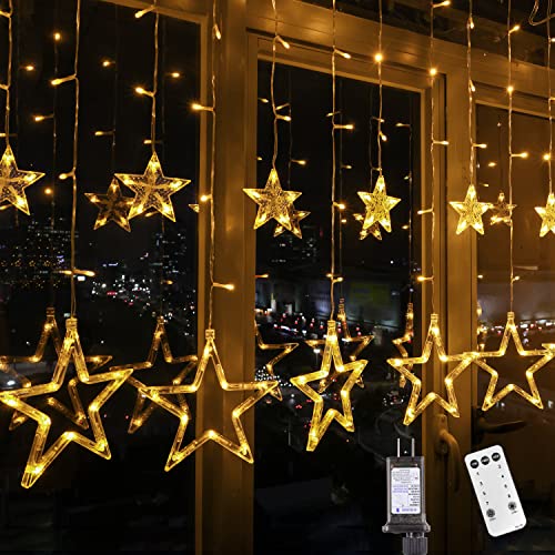 Blingstar Star Christmas Lights 138 LED 12 Star Curtain Lights 8 Flashing Mode Window String Lights 8.2ft Connectable Hanging Lights for Indoor Bedroom Ramadan Eid Wedding Backdrop Decor, Warm White - color: Warm White