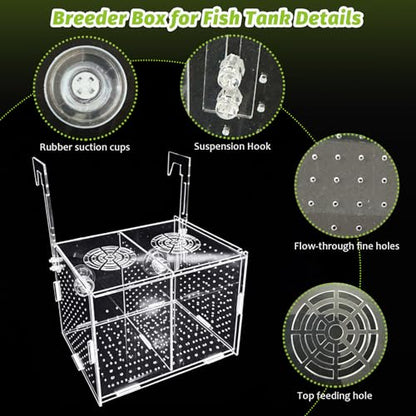 Hamiledyi Acrylic Breeding Isolation Box - Transparent Aquarium Hatchery for Guppy/Shrimp/Small Fish, Safe Nursery Tank with Air Tube & Suction Cups(7.8" × 3.9" × 3.9") - size: M(7.8" 3.9" 3.9")