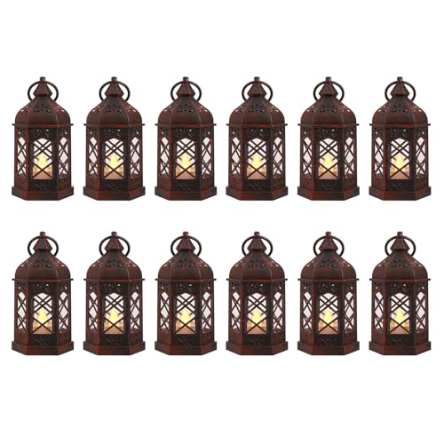 12-Pack Mini Moroccan Lanterns with LED Candle for Ramadan, Wedding, Small Decorative Lanterns for Baby Shower & Table Centerpiece, Ornament, Western Cowboy Party Decor, Red Brushed - color: Red Brushed