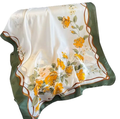Womens 100% Large Mulberry Silk Scarf Long Satin Scarf Fashion Lightweight Wraps - color: diagonal Yellow Floral Bouquet