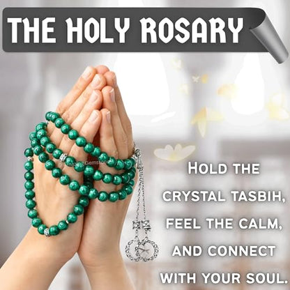 Amazing Gemstone Malachite Tasbeeh with Moon and Star Charm - Certified Crystal Muslim Prayer Beads Natural Gemstone Tasbih Gift for Ramadan Dhikr and Daily Namaz (S) - color: Malachite