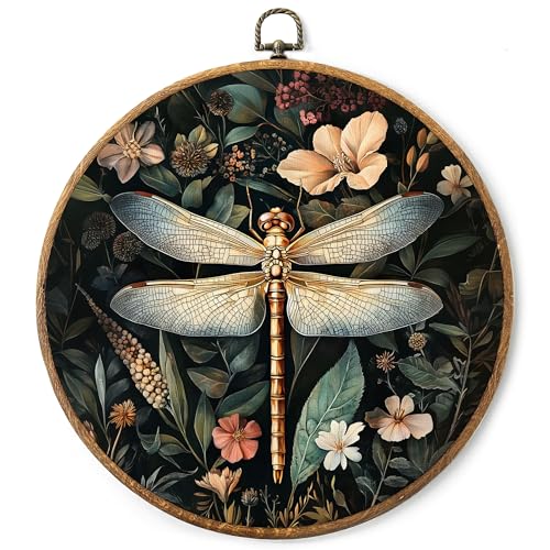 AYQJCBGC Vintage Dragonfly Round Framed Wall Art, Cottagecore Retro Canvas Wall Decor, Dark Academia Framed Prints Hanging Decor for Home Bedroom Living Room, 10x10 Inch. (011) - color: Gold Dragonfly-2