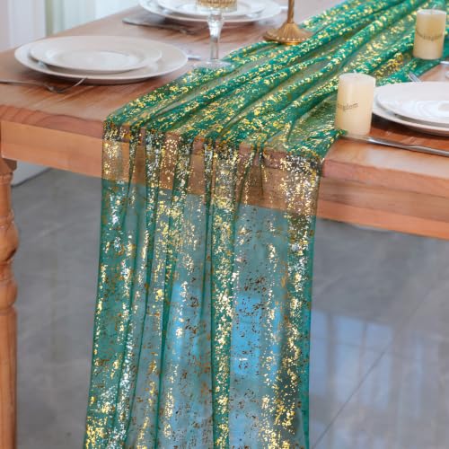 Snowkingdom Green Gold Gauze Table Runner 10FT 120 Inch Long, Glitter Sheer Sparkle Metallic Foil Dining Table Centerpieces Decoration for Birthday Party Wedding Shower Anniversary Graduation Holiday - color: Green Gold, size: 10FT/1Pc
