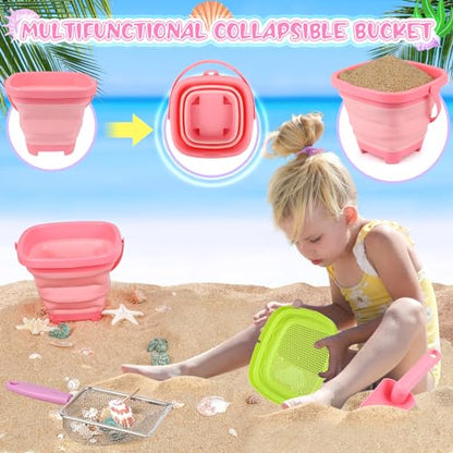 FHOZGECY Beachcombing Treasure Kit with 2 Sifters for Family Beach Vacation | Collapsible Bucket, Stainless Mesh Shovel, Shark Tooth Sifter, Scoop and Mesh Bag for Shelling, Outdoor Play for Kids 3-12