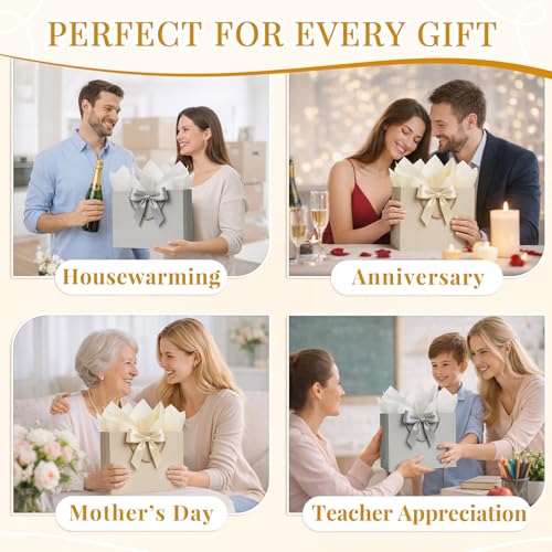 ANZNKU 2PCS Gray & Beige Gift Bags Medium, Gift Wrap Bags with Handles 4 Tissue Paper 2 Ribbons 2 Cards, Wedding Favor Present Bag for Women Graduation Birthday Party Bridal & Baby Shower Engagement - color: Beige+Gray