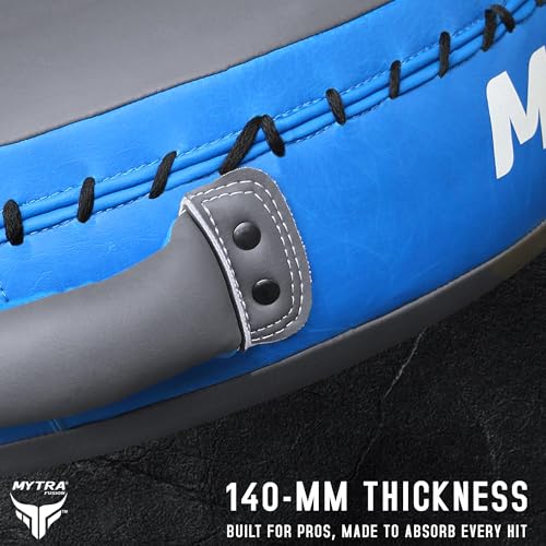 Mytra Fusion Boxing Round Pad Kickboxing Coach Training Punching Focus Mitts for Martial Arts, MMA & Muay Thai, Strike Boxing Focus Pads for Speed, Focus & Accuracy - color: Grey/Blue