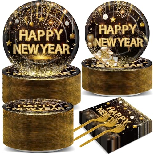 Qyeahkj 200 Pcs Happy New Years Plates and Napkins Party Supplies Black and Gold 2026 New Year's Eve Disposable Tableware Set with Paper Plates Napkins for NYE Party Celebration Decoration Serves 50 - style: Happy New Year