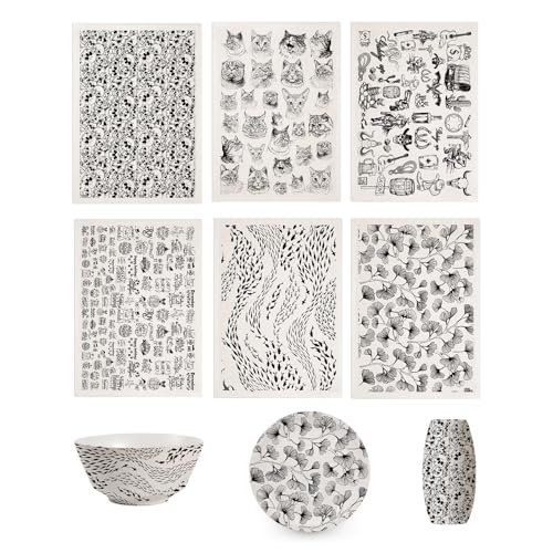 SUPERDANT 6 Style Skull Cat Fish Underglaze Paper Transfer Ginkgo Cowboy Transfer Paper for Clay Ceramic Porcelain Under Glaze Transfers for Pottery Enamel Decals Black Underglaze Decal Papers Gifts