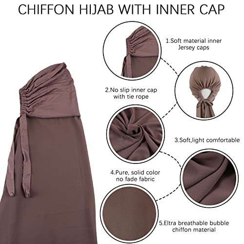 Instant Chiffon Hijab with Tie Back Under Cap Solid Color Soft Chiffon Scarf With Hijab Inner Caps For Muslim Women - color: Pine Bark