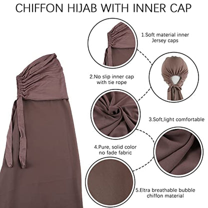 Instant Chiffon Hijab with Tie Back Under Cap Solid Color Soft Chiffon Scarf With Hijab Inner Caps For Muslim Women - color: Pine Bark