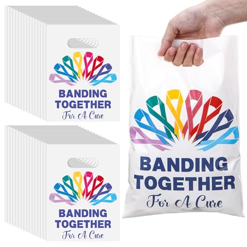 Panelee 100 Pcs Cancer Awareness Colorful Ribbon Plastic Bags with Handles - style: Multicolor Ribbon Awareness