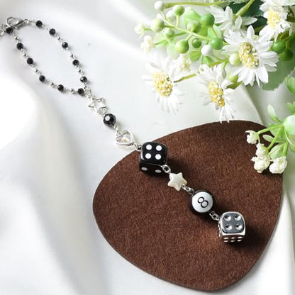 Dice Star Car Charm - Silver Black 8 Ball with Beads Rear View Mirror Charms Cars Accessories, Interior Y2K Aesthetic Hanging Ornament Pendant for Women Men - style: Dice