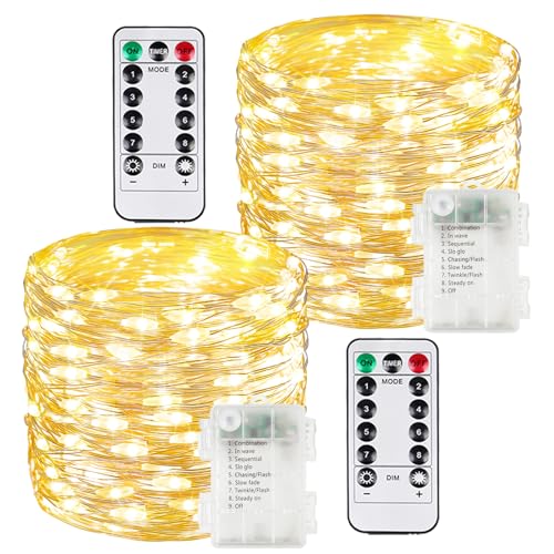 2 Pack 100 LED Fairy Lights Battery Operated with Remote, 8 Modes String Lights Indoor Outdoor, Cuttable Battery Light for Home Bedroom Wedding DIY Centerpiece Christmas Decorations (Warm White) - color: Warm White, size: 2PK（100LED with Remote）