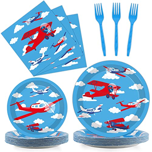 96 Pcs Airplane Party Plates Napkins Tableware Set Plane Birthday Party Supplies Disposable Paper Cake Dinnerware Blue Sky Two Fly Theme Table Decoration for Baby Shower Kids Birthday, 24 Guests - style: Airplane party