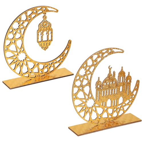 Wood Ramadan Decorations for Home Islamic Eid Mubarak Kareem Table Sign Moon Hollow Star Ornament for Muslim Party Tabletop Decor Art Craft Decoration Golden Moon 2 Pieces - color: Gold House