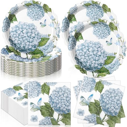 Funnymoom 96 Pieces Hydrangea Floral Tableware Set for 48 Pcs Guest Include 48 Pcs 7 Inch Dessert Plates and 48 Napkins Watercolor Disposable Dinnerware for Birthday Wedding Baby Shower Party Supplies - style: Hydrangea