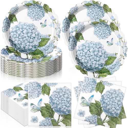 Funnymoom 96 Pieces Hydrangea Floral Tableware Set for 48 Pcs Guest Include 48 Pcs 7 Inch Dessert Plates and 48 Napkins Watercolor Disposable Dinnerware for Birthday Wedding Baby Shower Party Supplies - style: Hydrangea
