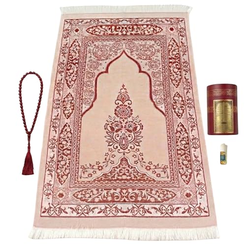 Islamic Prayer Rug 4 Pcs Gift Set with Kaaba Design Box | Sajadah, Tasbih, Perfume | Suitable for Ramadan, Eid, Travel, or Home (Burgundy, Standart) - color: Burgundy